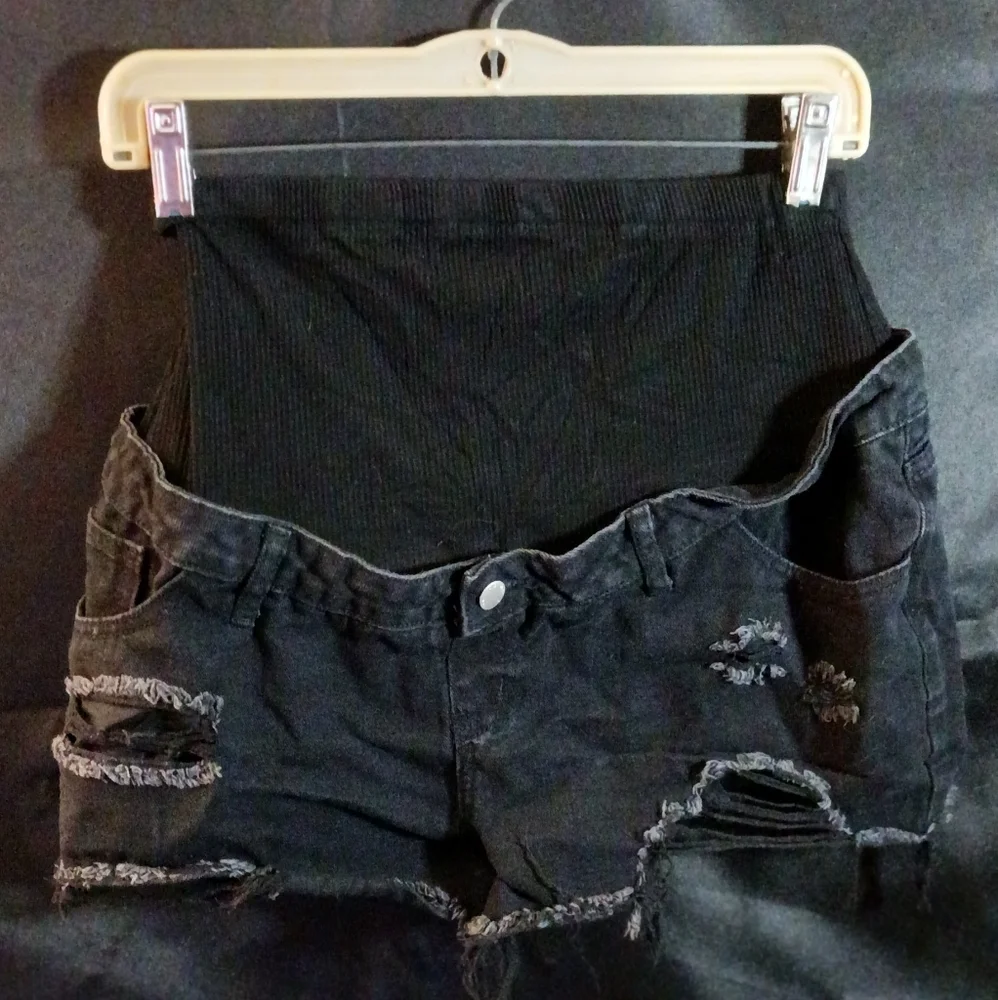Black Distressed Maternity Denim Shorts | Over-Belly Panel | Stretch | Casual - Picture 2 of 9